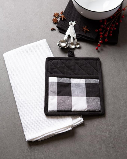 DII Buffalo Check Kitchen Collection, Classic Farmhouse Kitchen Set, Potholder & Dishtowel, Black & White, 3 Piece