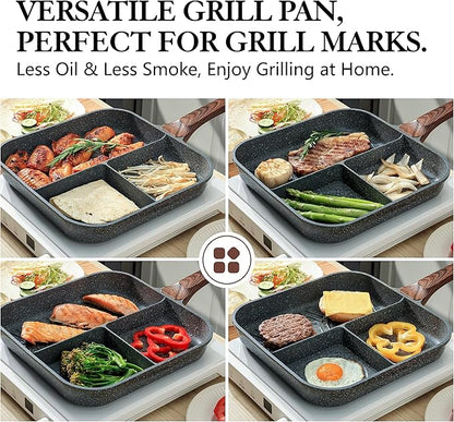 SENSARTE Nonstick Divided Grill Pan for Stove Tops, 3-Section Versatile Breakfast Grilling Pan, Durable Square Grill Skillet, Steak Griddle Pan, PFOA, PFOS, APEO Free, Induction Compatible, 9.5 Inch - Image 8