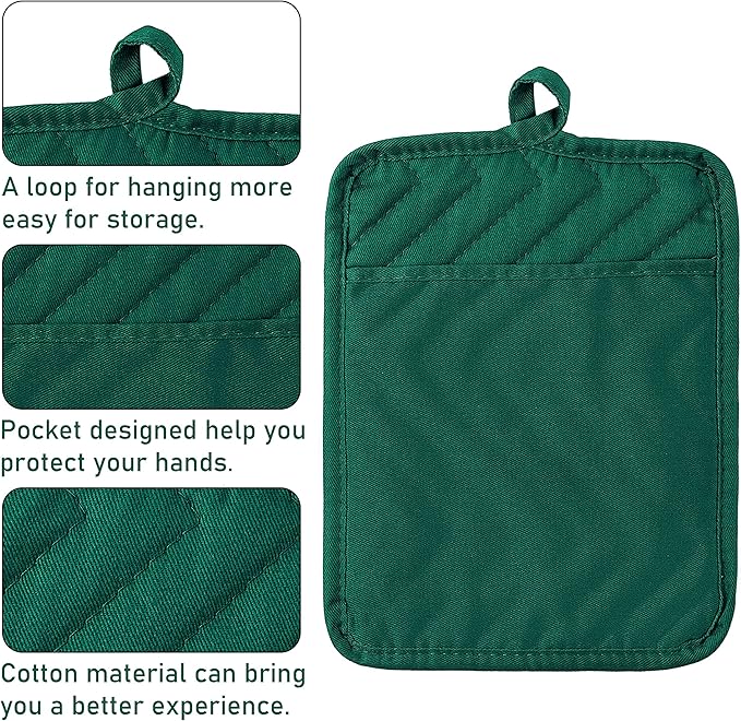 GROBRO7 5Pack Pocket Pot Holders Cotton Heat Resistant Potholder Multipurpose Hot Pads Machine Washable Oven Mitts Heat Pads for Daily Kitchen Baking and Cooking 8.9 x 6.9 in Dark Green - Image 3