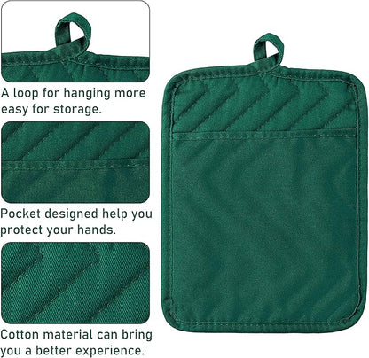 GROBRO7 5Pack Pocket Pot Holders Cotton Heat Resistant Potholder Multipurpose Hot Pads Machine Washable Oven Mitts Heat Pads for Daily Kitchen Baking and Cooking 8.9 x 6.9 in Dark Green - Image 3