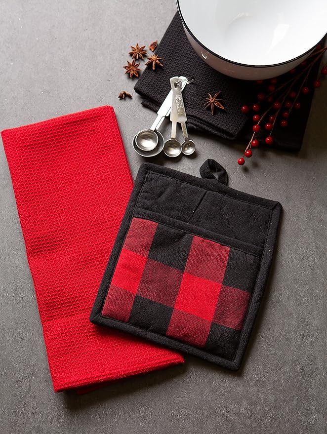 DII Buffalo Check Kitchen Collection, Classic Farmhouse Kitchen Set, Potholder, Red & Black, 2 Piece