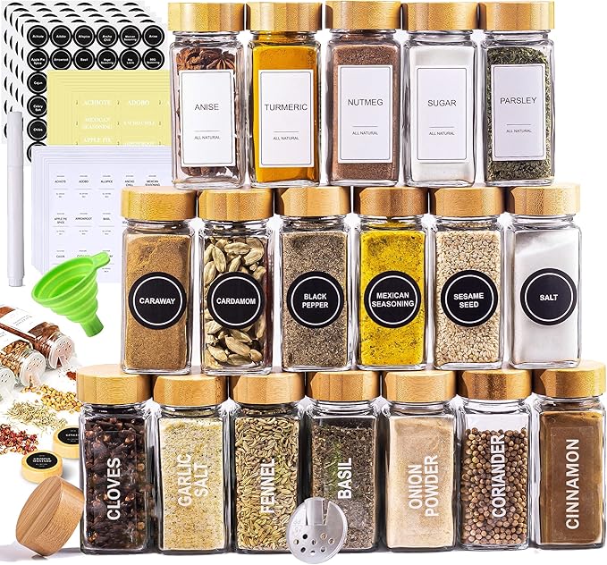 Glass Spice Jars with Label Set, Bamboo Lids & Funnel - Kitchen Airtight Storage Jars with Lids - Spices and Seasonings Sets Organizer, Spice Glass Jar with Lid Food Canister Bottle Sugar Shaker by LERAZE