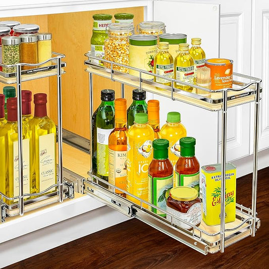 LYNK PROFESSIONAL® Élite™ Pull Out Spice Rack Organizer for Inside Kitchen Cabinets - 6" x 21" - Slide Out Drawer – Wood/Chrome Sliding Spice Organization for cabinet - Spice Racks - 2 Tier by LYNKPROFESSIONAL