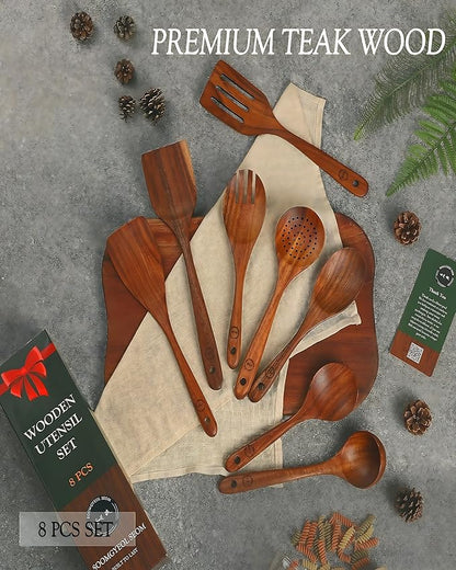 8-Piece Natural Teak Wood Utensil Set - Essential Nonstick Cooking Spoons & Spatulas, Eco-Friendly Tools - Image 2