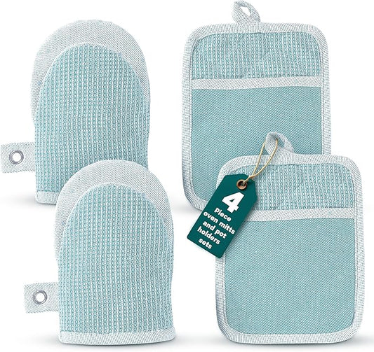 Casa Platino Silicone Oven Mitts & Pot Holders, 4-Piece – Oven Mitt for Baking & BBQ, Pot Holder for Kitchen, Hot Dishes & Microwave – Heat Resistant Up to 500°F, Non-Slip & Machine Washable – Aqua