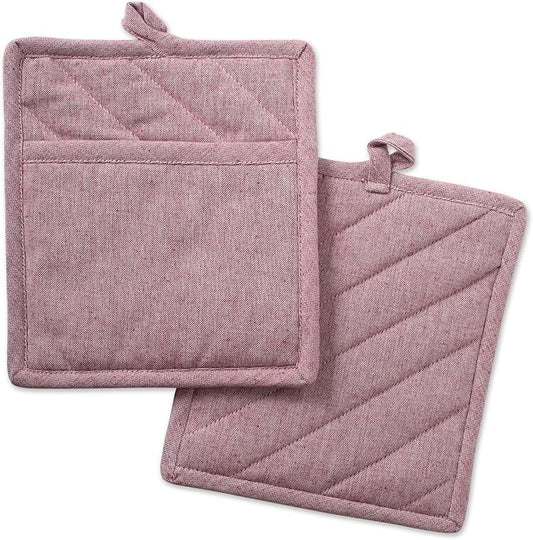 DII 100% Cotton Solid Chambray Kitchen Set, Potholders, Barn Red, 2 Piece