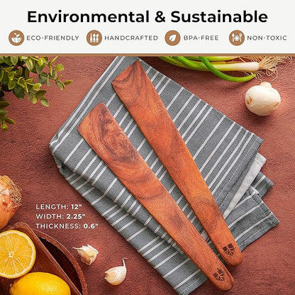 Wooden Spatula for Cooking Set of 2-12 Inch Teak Spatula for Non Stick Frying Pan - Turner & Flipper for Cast Iron, Egg & Pancake Scraper - BPA Free & Heat Resistant Wooden Cooking Utensils - Image 4
