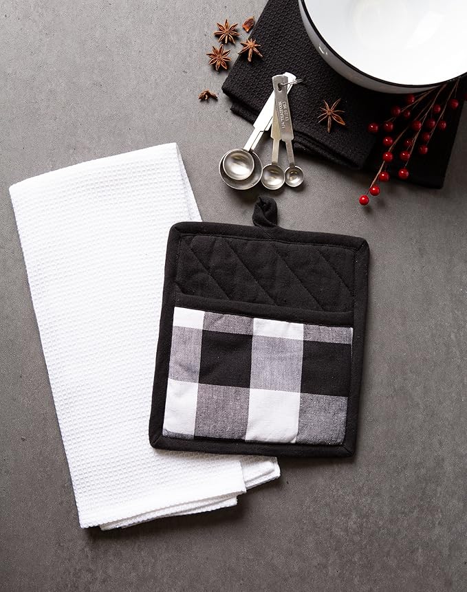 DII Buffalo Check Kitchen Collection, Classic Farmhouse Kitchen Set, Potholder & Dishtowel, Black & White, 3 Piece