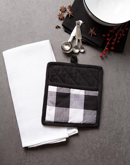 DII Buffalo Check Kitchen Collection, Classic Farmhouse Kitchen Set, Potholder & Dishtowel, Black & White, 3 Piece