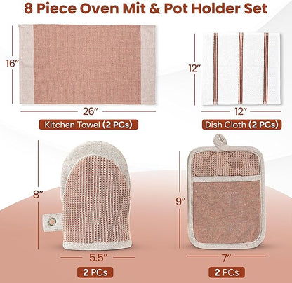 Casa Platino Potholders for Kitchens, 8-Piece – 500°F Heat Resistant Oven Mitts and Pot Holders, Mini Oven Mitt with Silicone Grip, 2 Kitchen Towels & 2 Dish Cloths – Durable & Non-Slip – Canyon Rose