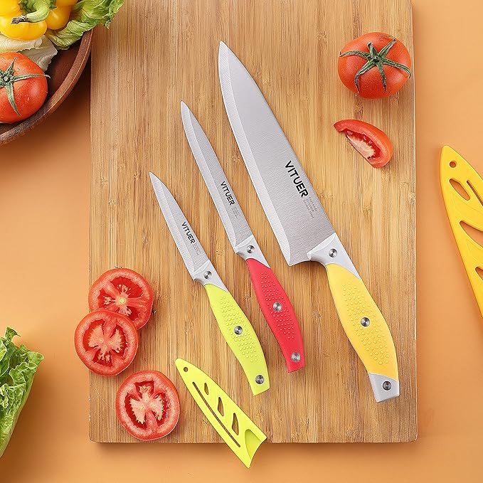 VITUER Chef Knife, 3PCS Kitchen Knife, Multicolor Stainless Steel Sharp Chef Knife Set (3Pack, Yellow, Red, Green) - Image 4