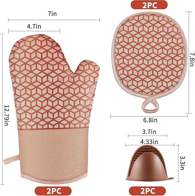 Oven Mitts And Pot Holders Set 6Pcs,Kitchen Oven Glove,High Heat Resistant 500°F Large Size Oven Mits And Potholders With Soft Cotton Lining And Non-Slip Silicone Surface For Cooking (Brown) - Image 7