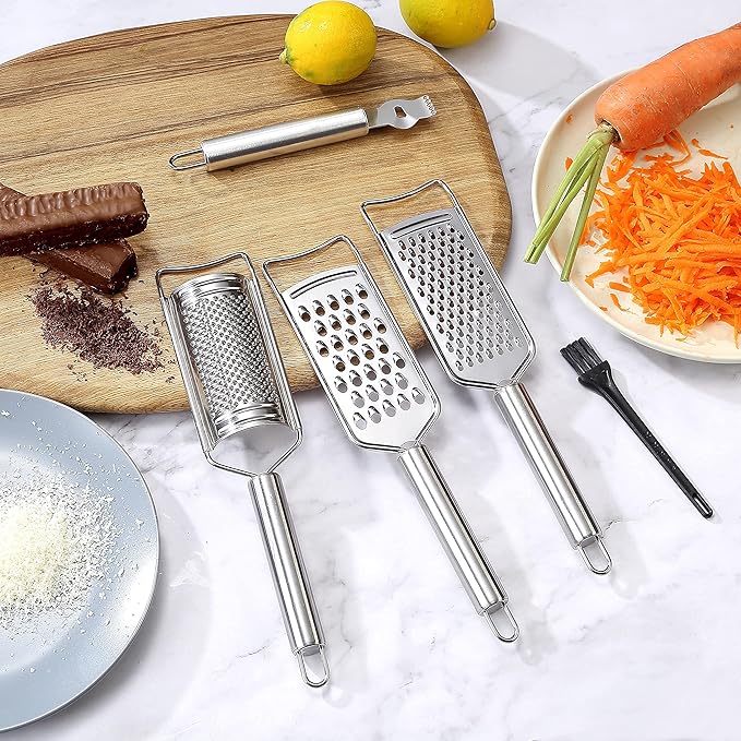 Tongjude Stainless Steel Cheese Grater Set, Set of 5 Kitchen Grater & Peeler & Slicer, Lemon Zester with Cleaning Brush for Vegetable, Fruit, Chocolate - Image 2