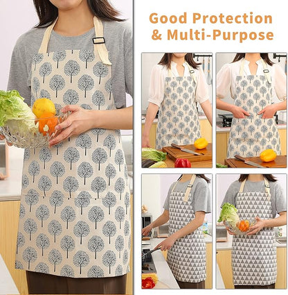 Tosewever 2 Pieces Cotton Linen Waterproof Bib Apron with 2 Pockets - Long Ties Adjustable Neck Strap - Unisex Cooking Kitchen Decorative Pattern Aprons for Women Chef (Triangle/Tree, 2)