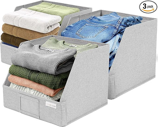VIVIDECOR Open Front Trapezoid Closet Bins 12x12x10 – Easy Access Shelf Organizer, Fabric Storage Baskets for Clothes, Linen, Sweaters – Light Gray, 3 Pack
