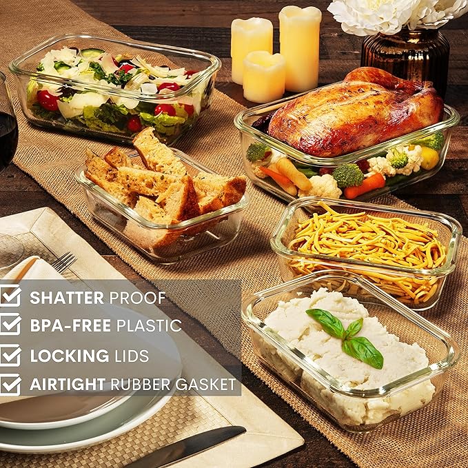 8 Cups/ 63 Oz 4 Piece (2 containers + 2 Lids) Large Glass Food Storage/ Baking Containers with Locking Lids . Ideal for Storing food, vegetables or fruits. BPA Free & Leak Proof -Microwave, Oven Safe - Image 6