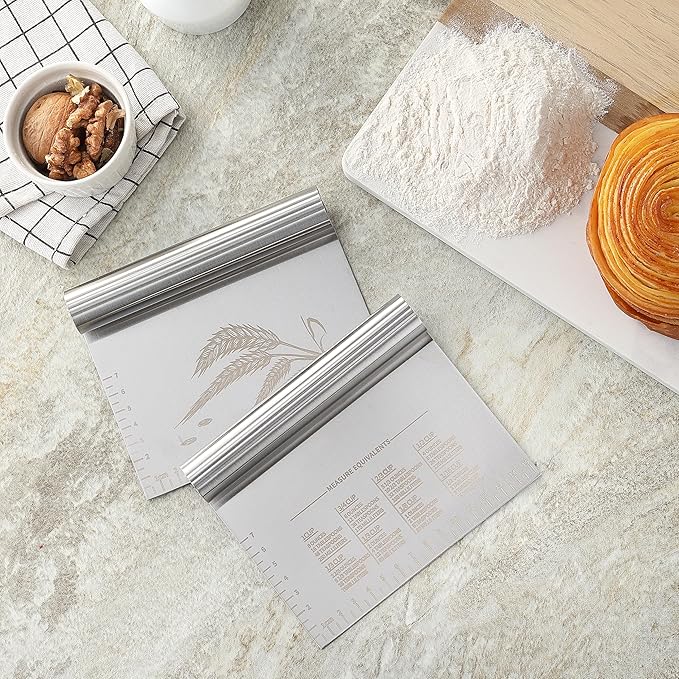 2PCS Dough Pastry Bench Cutter Scraper, OLULU Stainless Steel Kitchen Food Scraper with Protective Cover, Anti-Wear Laser-Engraved Measuring Scale and Ear Of Wheat, Dishwasher Safe (2Pack, 6 inch) - Image 7