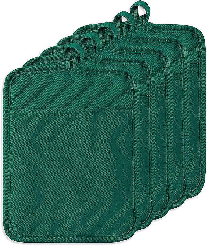 GROBRO7 5Pack Pocket Pot Holders Cotton Heat Resistant Potholder Multipurpose Hot Pads Machine Washable Oven Mitts Heat Pads for Daily Kitchen Baking and Cooking 8.9 x 6.9 in Dark Green by GROBRO7