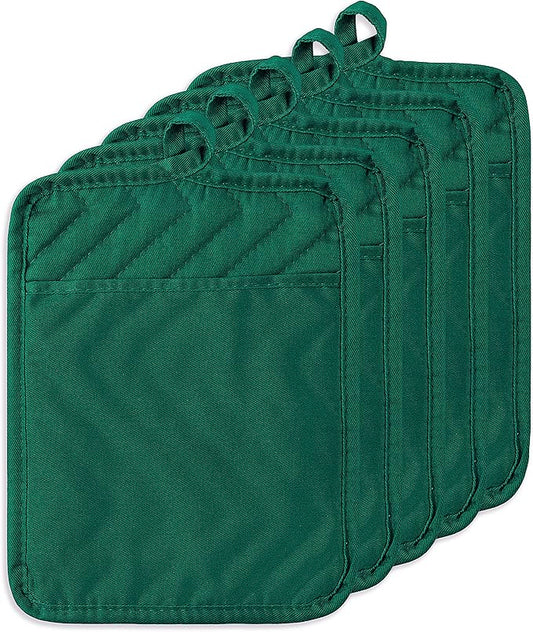 GROBRO7 5Pack Pocket Pot Holders Cotton Heat Resistant Potholder Multipurpose Hot Pads Machine Washable Oven Mitts Heat Pads for Daily Kitchen Baking and Cooking 8.9 x 6.9 in Dark Green by GROBRO7