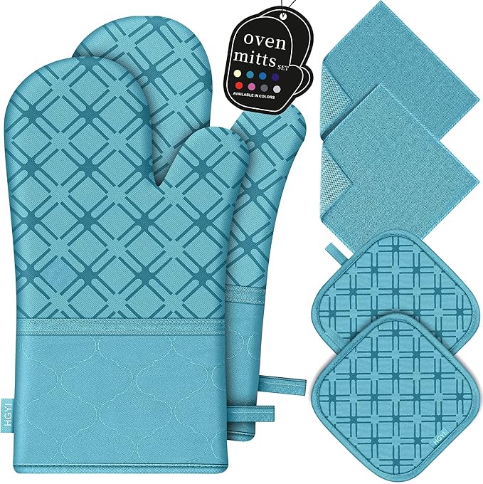 Oven Mitts and Pot Holders Set with Dishcloths, 500 Degree Heat Resistant Oven Gloves and Hot Pads, Premium Soft Cotton Kitchen Mittens and Dish Cloth Sets-Lake Blue by HGYI