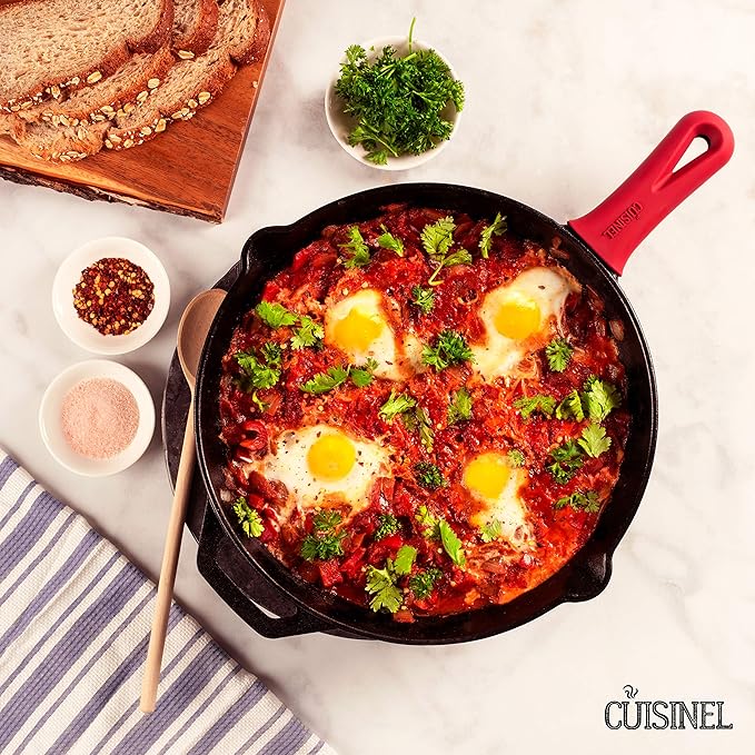 Cuisinel Cast Iron Skillet with Lid - 12"-Inch Frying Pan + Glass Cover + Silicone Handle Holder - PFAS and PFOA-free Pre-Seasoned Oven Safe Cookware - Indoor/Outdoor Use - Grill, BBQ, Fire, Stovetop