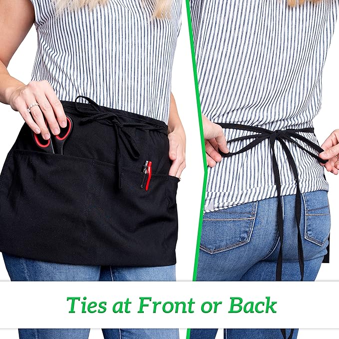 GREEN LIFESTYLE Server Aprons with 3 Pockets - Waist Apron, Waitress Apron for Women and Man, Water Resistant with Long Waist Strap Reinforced Seams, Half Apron (12 Pack - Black) - Image 6