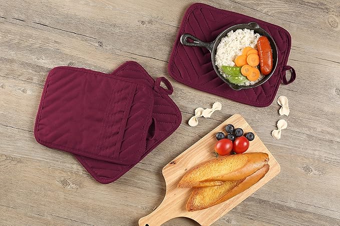 Oven Pot Holder with Pocket Cotton Heat Resistant Coaster Potholder Kitchen Hot Pad Oven Mitts for Cooking Square 7"x9"Set of 5 (Burgundy red, 5) - Image 7
