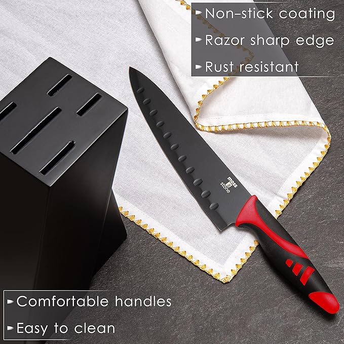 Moss & Stone 7-Piece Kitchen Knife Set with Block – Black Titanium Plated Stainless Steel Kitchen Knives, High Carbon Blades, Compact Cutlery Set for Home Cooking, Small Knife Set Black Wood Block - Image 4