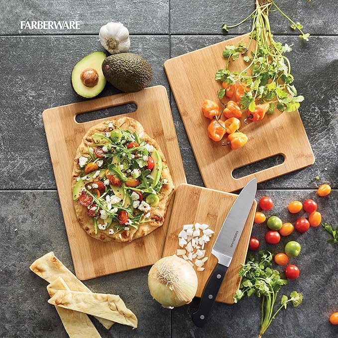 Farberware 3-Piece Wood Cutting Board Set,Reversible Chopping Boards for Meal Prep and Serving,Charcuterie Boards,Wooden Cutting-Boards with Built-in Handles,Set of 3 Assorted Sizes,Bamboo,(Pack of 3) - Image 3