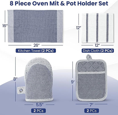 Casa Platino Mini Oven Mitts Set, 8-Piece – 500°F Heat Resistant Silicone Oven Mitt, Potholders for Kitchens, 2 Kitchen Towels & 2 Dish Cloths – Non-Slip & Durable – Indigo