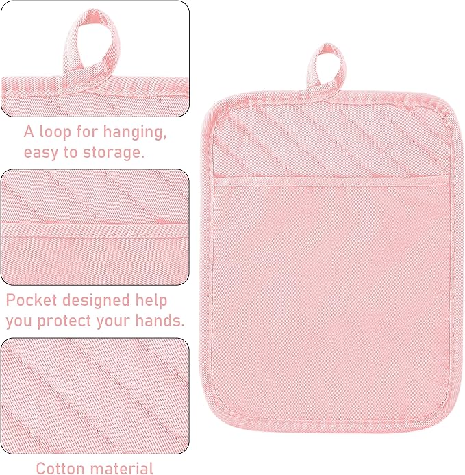 GROBRO7 6Pcs Cotton Oven Mitts and Pot Holders Set Heat Resistant Hot Pads Durable Pocket Pot Holder Machine Washable BBQ Gloves with Hanging Loop for Safe Kitchen Baking Cooking Grilling Pink - Image 4
