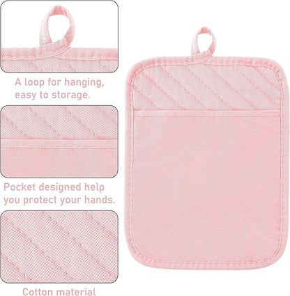 GROBRO7 6Pcs Cotton Oven Mitts and Pot Holders Set Heat Resistant Hot Pads Durable Pocket Pot Holder Machine Washable BBQ Gloves with Hanging Loop for Safe Kitchen Baking Cooking Grilling Pink - Image 4