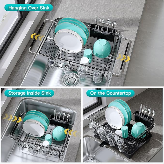 JASIWAY Dish Drying Rack in Sink, Expandable Stainless Steel Dish Drainers for Kitchen Counter, Space Saving Dish Dryer Rack with Drainboard, Over The Sink Dish Racks with Utensil Holder, Black - Image 2