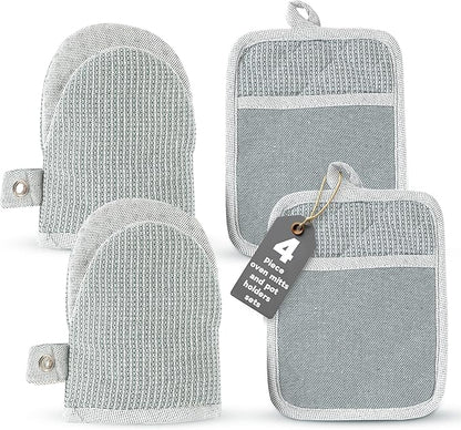 Casa Platino Heat Resistant Oven Mitts & Potholders, 4-Piece – Oven Mitt and Pot Holders Sets for Baking, Grilling & Microwave – Withstands Up to 500°F, Non-Slip, Machine Washable – Grey