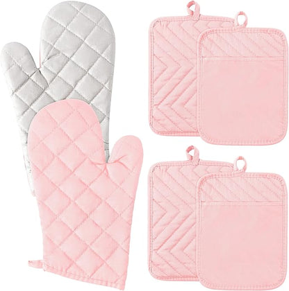 GROBRO7 6Pcs Cotton Oven Mitts and Pot Holders Set Heat Resistant Hot Pads Durable Pocket Pot Holder Machine Washable BBQ Gloves with Hanging Loop for Safe Kitchen Baking Cooking Grilling Pink by GROBRO7