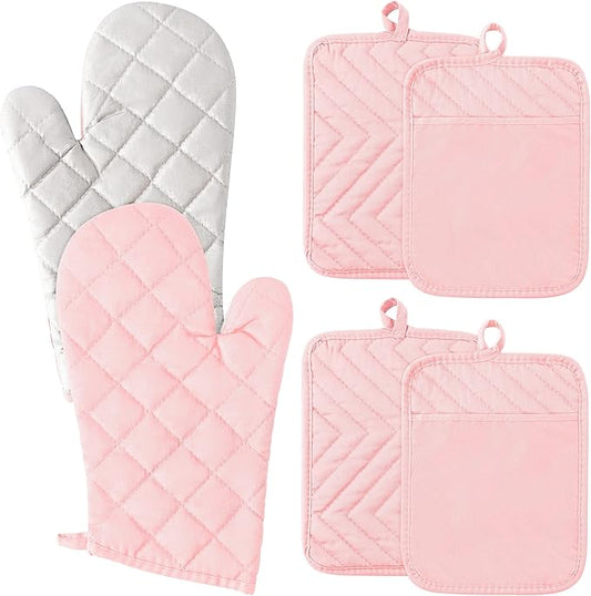 GROBRO7 6Pcs Cotton Oven Mitts and Pot Holders Set Heat Resistant Hot Pads Durable Pocket Pot Holder Machine Washable BBQ Gloves with Hanging Loop for Safe Kitchen Baking Cooking Grilling Pink by GROBRO7