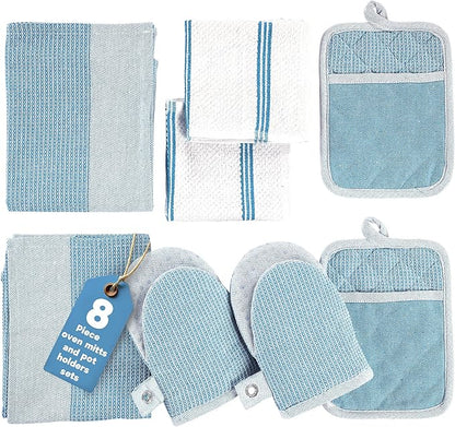 Casa Platino Silicone Oven Mitts Set, 8-Piece – 500°F Heat Resistant Mini Oven Mitt, Potholders for Kitchens, 2 Kitchen Towels & 2 Dish Cloths – Durable, Non-Slip & Machine Washable – Cornflower