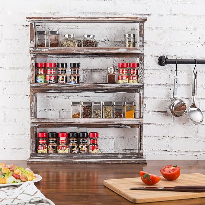 MyGift Wooden Spice Rack Wall Mount, Hanging 4 Tier Seasoning Jar Shelf Organizer, Condiment Storage for Kitchen, Pantry, Large Spice Organization, Vintage Rustic Torched - Image 3