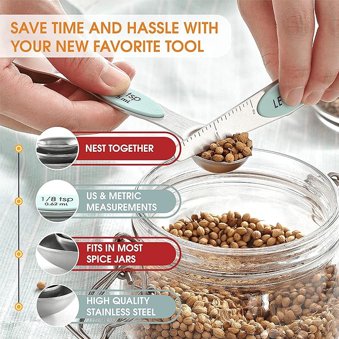 Spring Chef Stainless Steel Magnetic Measuring Spoons Set of 8 with Leveler, Nesting Metal Teaspoon & Tablespoon Measuring Spoons, Kitchen Gadgets for Baking & Cooking, Fits in Spice Jars - Mint - Image 5