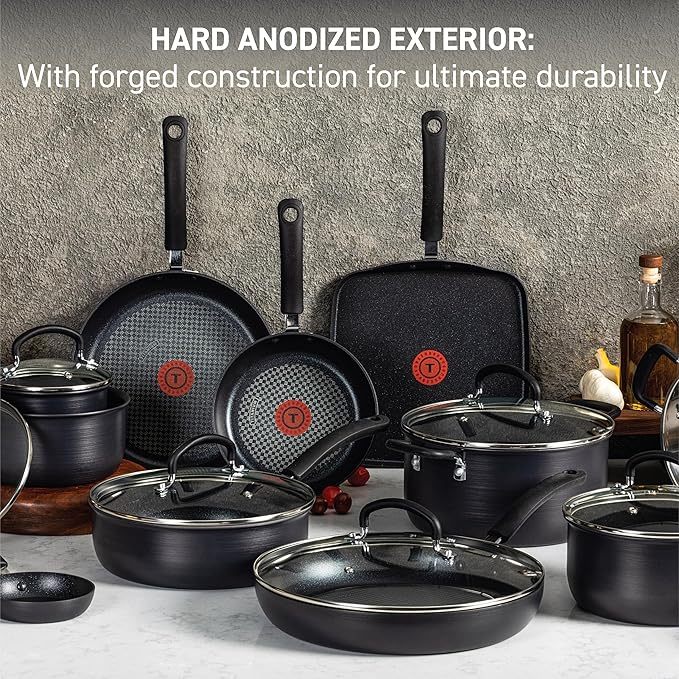 T-fal 28 Piece Set Ultimate Hard Anodized Nonstick Cookware Set With Ice Force Stainless Steel Kitchen Knife Set and Wood Block - Image 7
