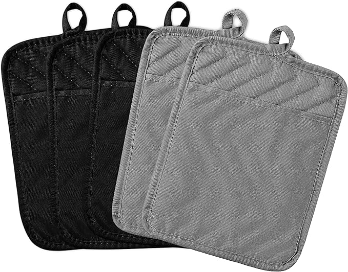 GROBRO7 5Pack Pot Holders for Kitchen Heat Resistant Cotton Potholder Multipurpose Hot Pad Machine Washable Oven Mitts with Pocket Potholders for Baking and Cooking 8.9 x 6.9 in Gray Black by GROBRO7