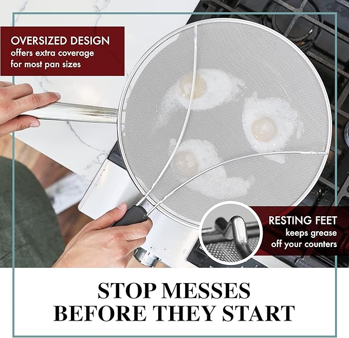 Splatter Screen for Frying Pan - 9.5 Inch Stainless Steel Grease Splatter Guard - Cover Oil Splash when Sizzling Bacon, Cooking Fried Chicken or Popcorn - Image 3