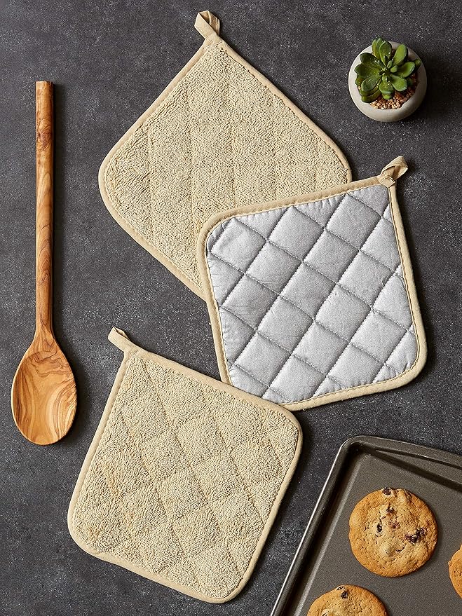 DII Basic Terry Collection Quilted 100% Cotton, Potholder, Pebble, 3 Piece - Image 2