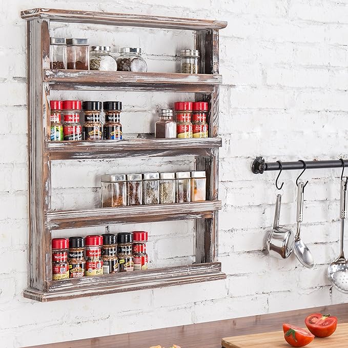 MyGift Wooden Spice Rack Wall Mount, Hanging 4 Tier Seasoning Jar Shelf Organizer, Condiment Storage for Kitchen, Pantry, Large Spice Organization, Vintage Rustic Torched - Image 5
