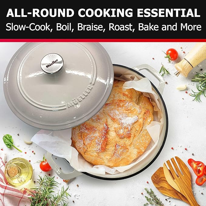 Mueller 6qt Enameled Cast Iron Dutch Oven, Heavy-Duty Casserole and Braiser Pan with Lid and Knob, Oven-Safe up to 500° F & Across All Cooktops, White - Image 7
