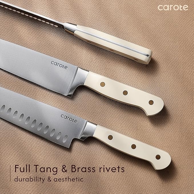 CAROTE 11 Pieces Knife Set with Block for kitchen, Stainless Steel Razor-Sharp Blade, Triple Riveted Ergonomic Handle, Wooden Magnetic Block, Essential Knife Block Set, Beige - Image 5