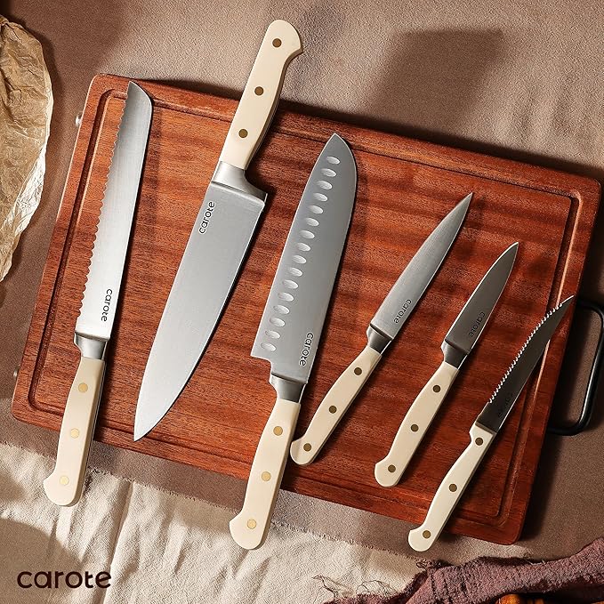 CAROTE 11 Pieces Knife Set with Block for kitchen, Stainless Steel Razor-Sharp Blade, Triple Riveted Ergonomic Handle, Wooden Magnetic Block, Essential Knife Block Set, Beige - Image 7