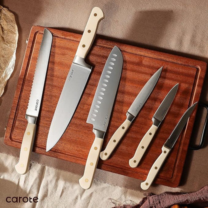 CAROTE 11 Pieces Knife Set with Block for kitchen, Stainless Steel Razor-Sharp Blade, Triple Riveted Ergonomic Handle, Wooden Magnetic Block, Essential Knife Block Set, Beige - Image 7