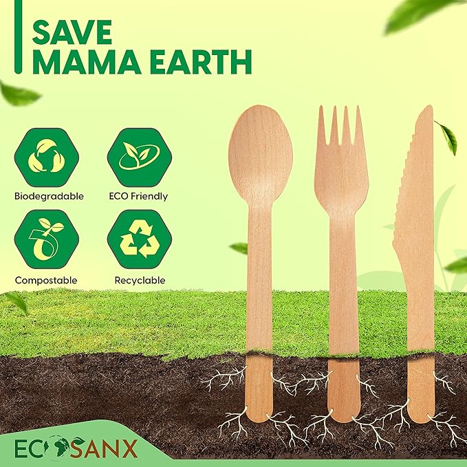 ECOSANX® 120 PCs Disposable Wooden Cutlery set 6.5" Splinter Free Compostable Utensils for party, Eco-Friendly, 100% All-Natural Bamboo Utensils set for picnic, Bamboo cutlery set for Events & More - Image 6