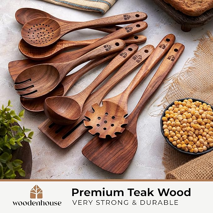 Wooden Spoons for Cooking – 10 Pcs Teak Wood Utensil Set, Durable, Nonstick Safe & Heat Resistant with Ergonomic Handles - Image 3